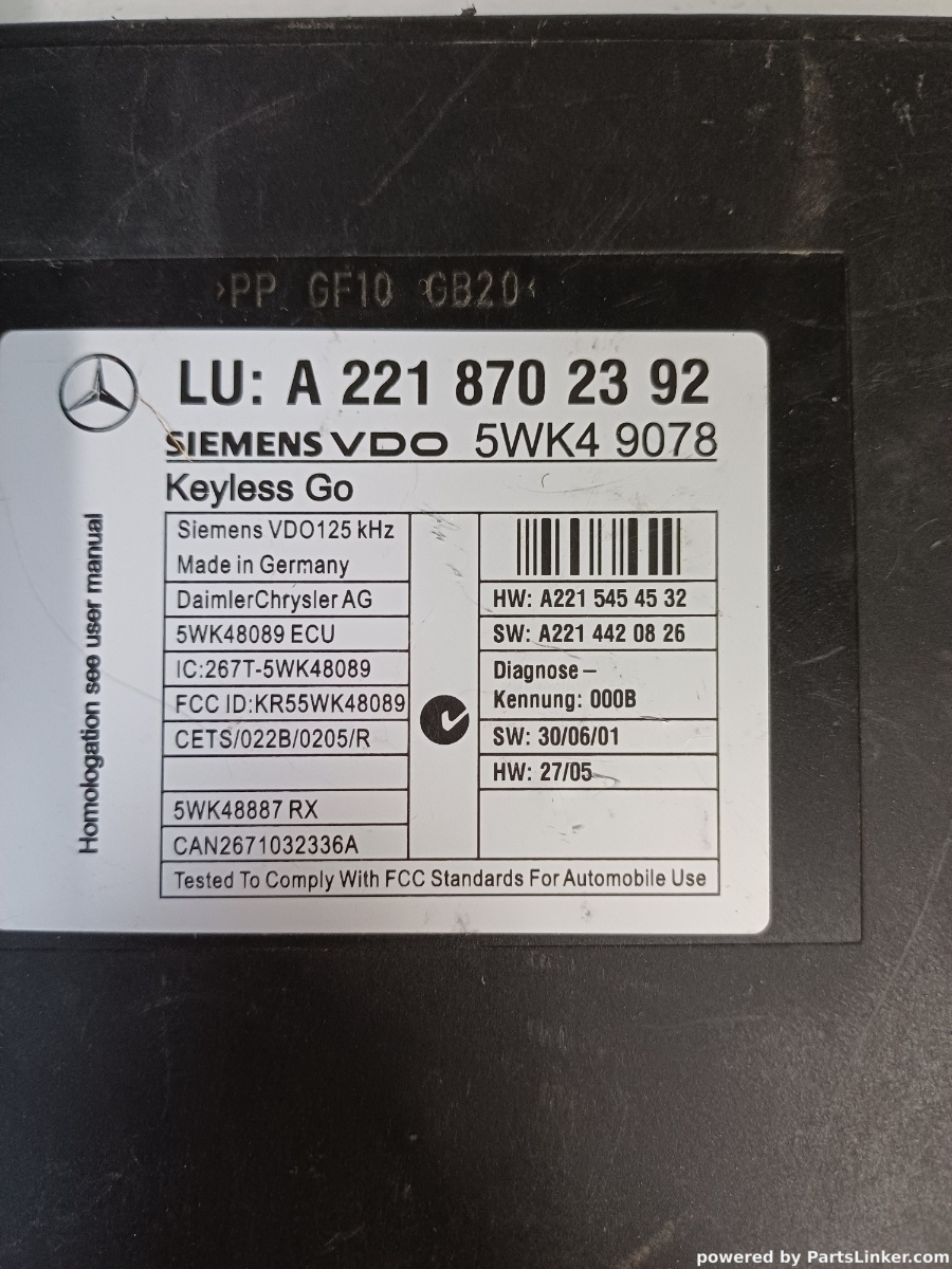 Modul inchidere centralizata Keyless Go MERCEDES-BENZ S-CLASS II (W221, C215) [ 2005 - 2013 ] SIEMENS VDO 5WK49078 OEM A2218702392 – foto 2